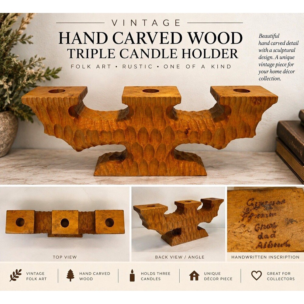 Hand-Carved Wood Rustic Folk Art Candelabra Triple Taper Candle Holder Brown